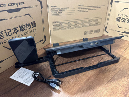 🔥DUO🔥 COOLER PARA LAPTOP – 6 VENTILADORES CON LUZ LED  + SOPORTE DE METAL PARA CELULAR🧊📲