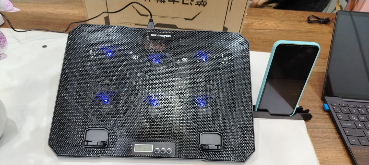 🔥DUO🔥 COOLER PARA LAPTOP – 6 VENTILADORES CON LUZ LED  + SOPORTE DE METAL PARA CELULAR🧊📲